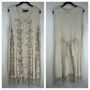 Indian Tropical Fashion XL Embroidered Cream Sleeveless Dress Fringe Hem Vintage